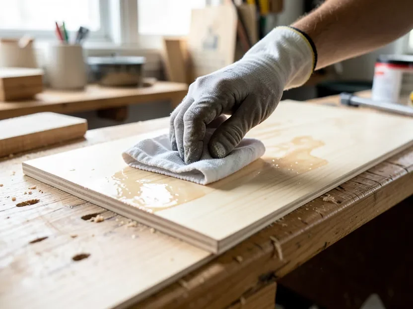 Gloved hand wiping pre-stain wood conditioner onto a birch plywood panel with a cloth