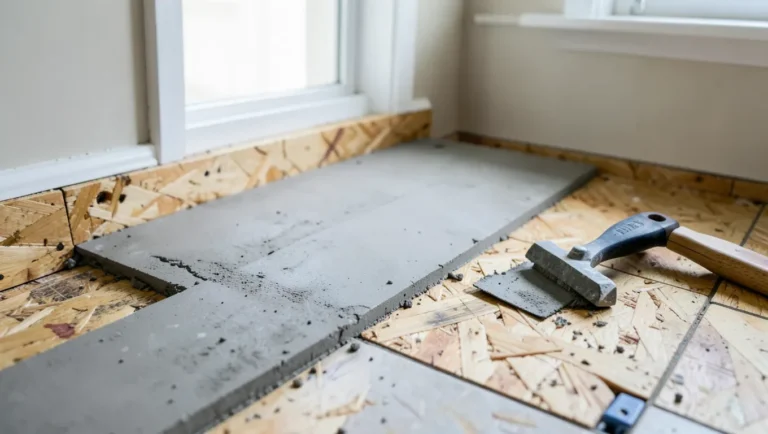 Cement backer board being installed over a plywood subfloor before tiling a bathroom floor