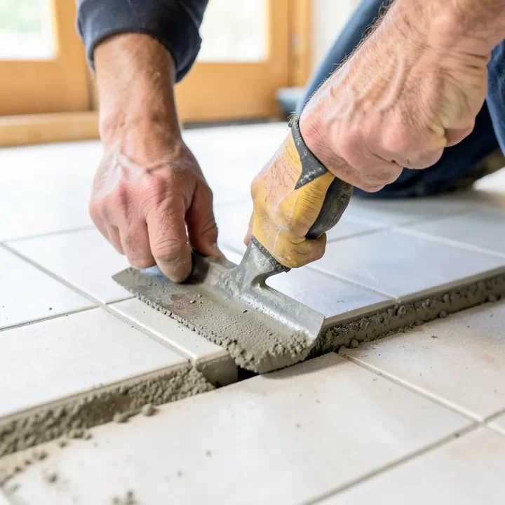 Contractor spreading thinset mortar with a notched trowel before setting tile