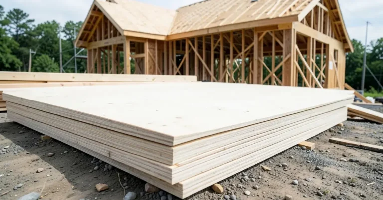 Stack of plywood sheets at a construction site with a house frame under construction in the background