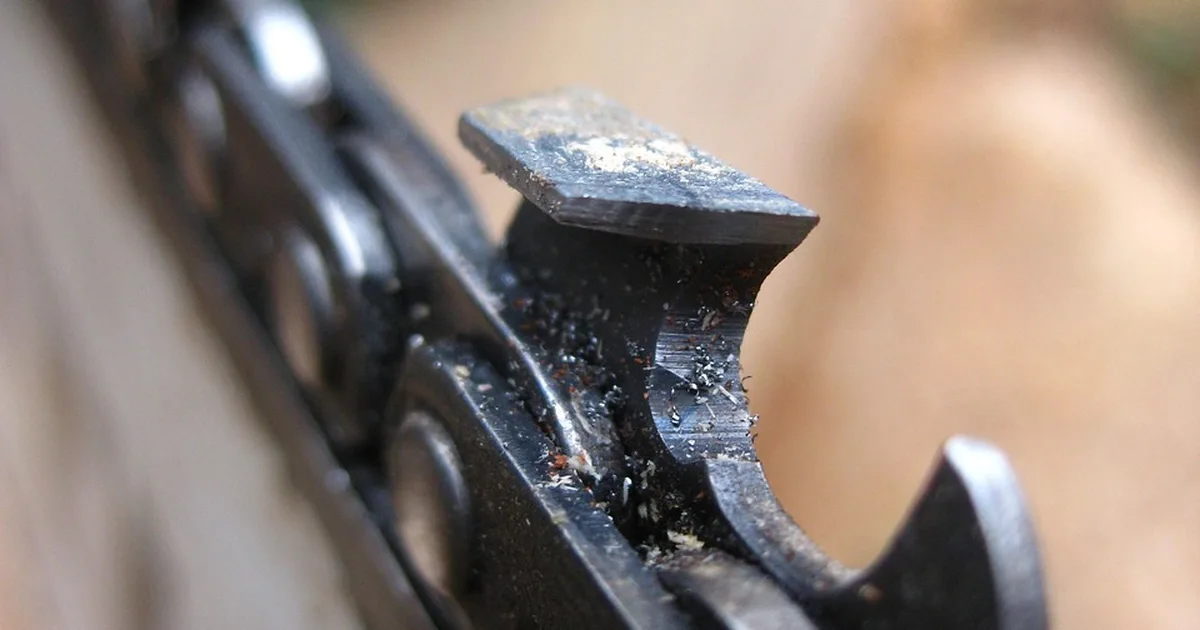 Close-up of a chainsaw chain cutter and drive links on a guide bar