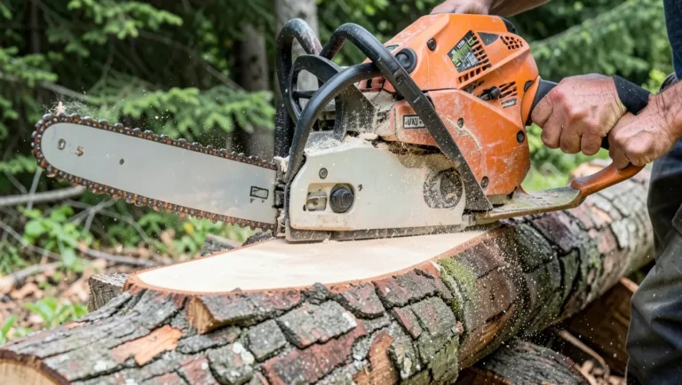 Chainsaw mill attachment cutting a slab from a log
