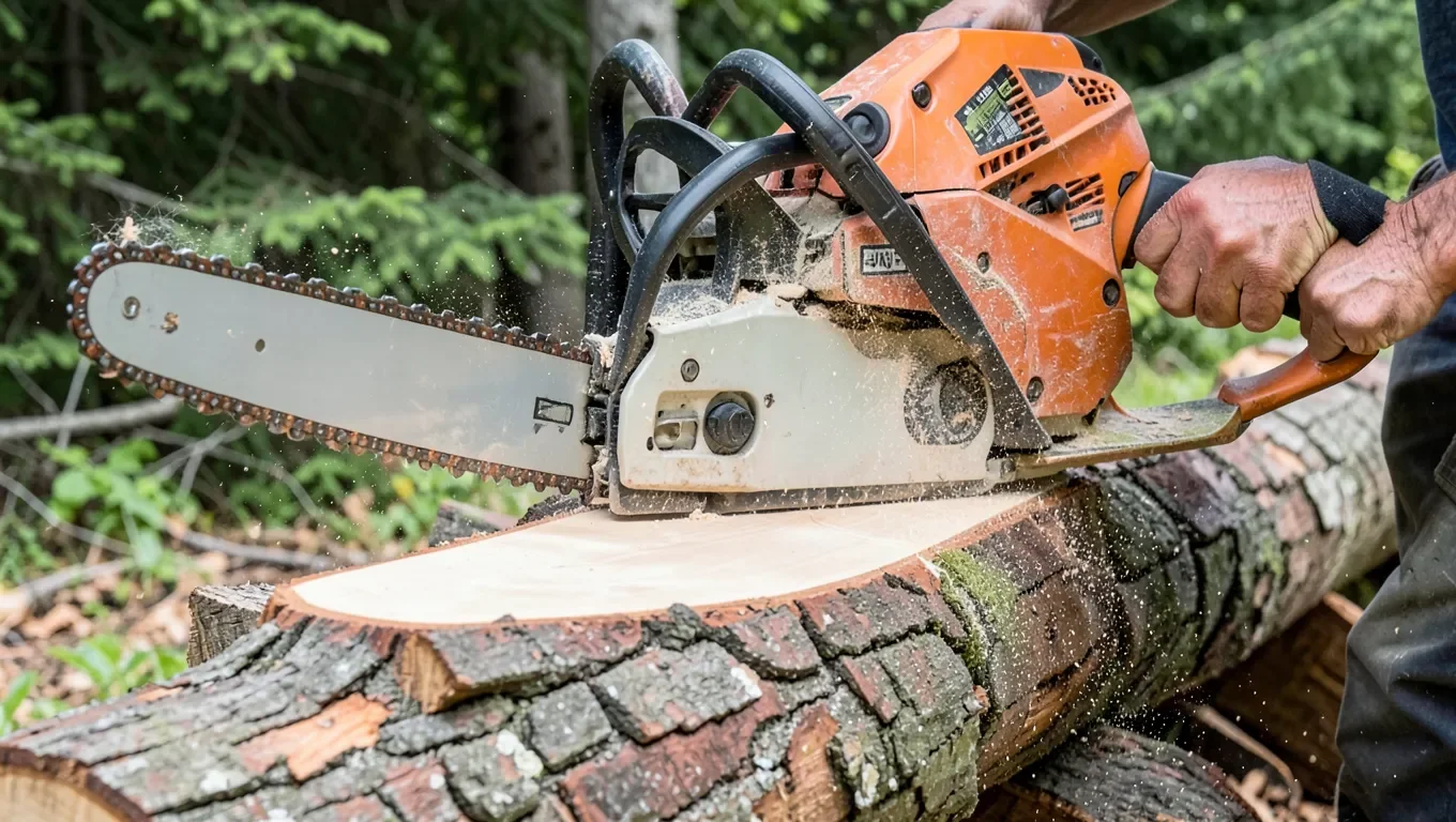 Chainsaw mill attachment cutting a slab from a log