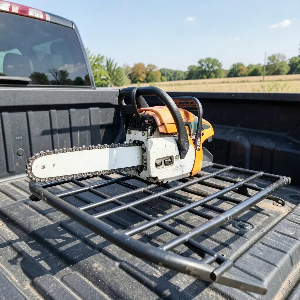 Chainsaw holder for truck mounted in bed rail rack