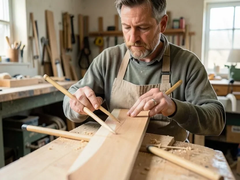Checking a sanded board for flatness with winding sticks