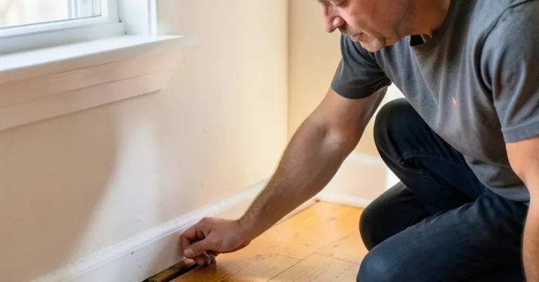 kneeling to check a hardwood floor gap near the wall for the source of a squeak