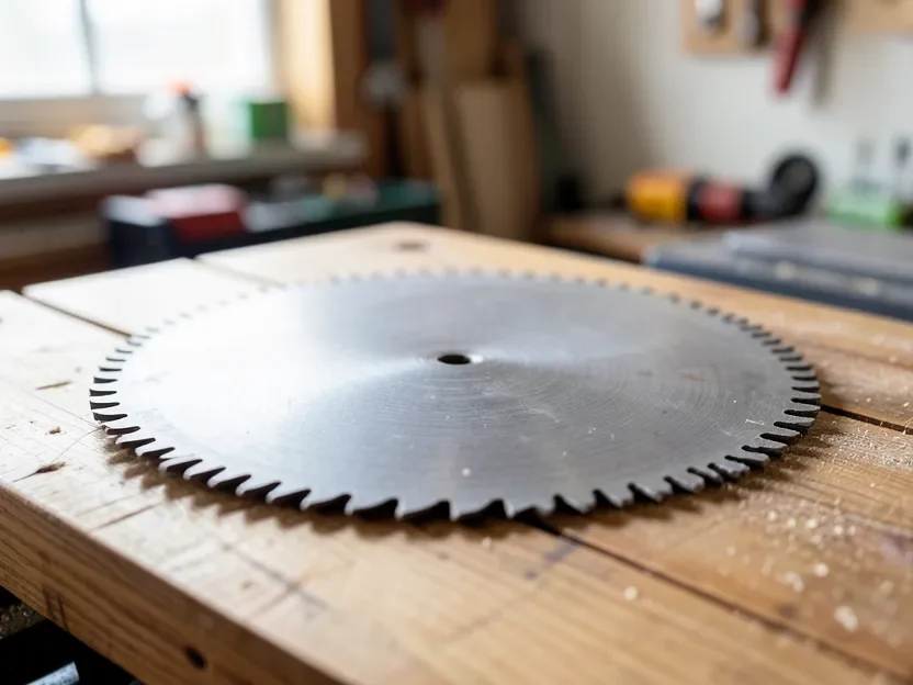 Close-up of a circular saw blade showing its total tooth count around the edge