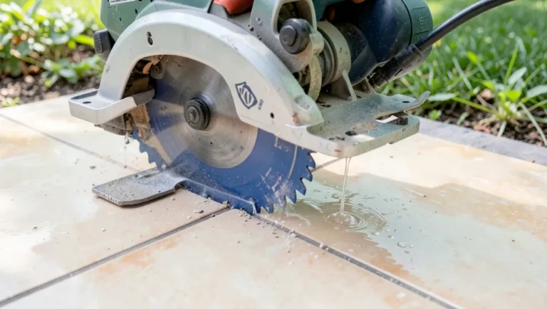 Circular saw fitted with a diamond blade wet-cutting a porcelain tile