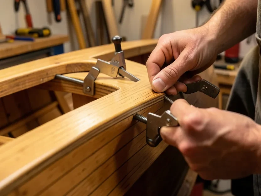 Boatbuilder clamping a freshly steam-bent rib onto a curved hull form
