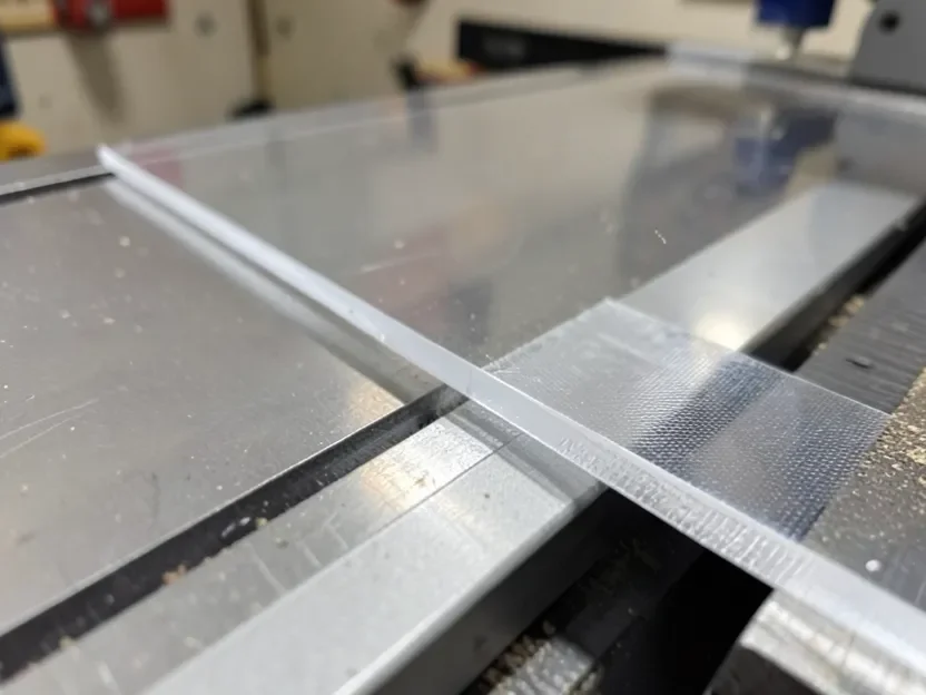 Clean cut edge on an acrylic sheet after cutting on a table saw