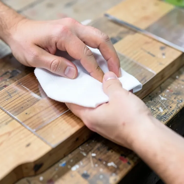 Wiping a clear acrylic sheet edge clean with a cloth before gluing to wood