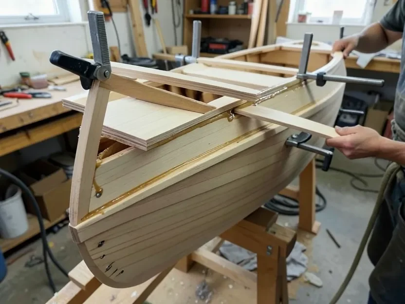 Thin plywood layers being cold-molded with epoxy over a curved boat hull form