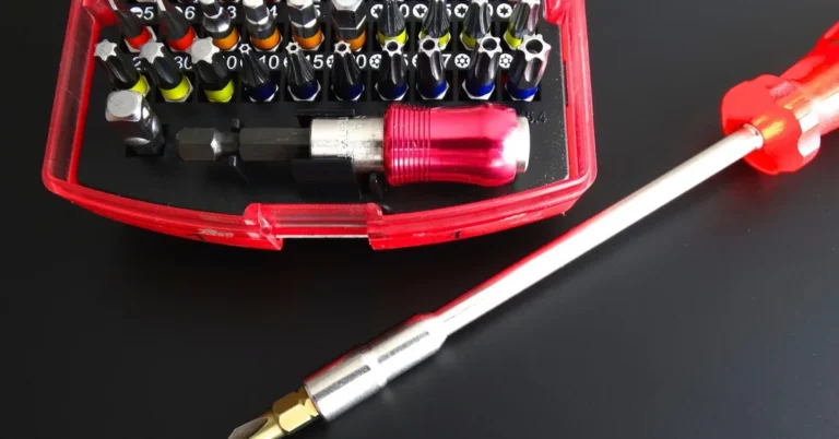 close-up of a combination screwdriver bit set with interchangeable Phillips, Torx, and hex tips