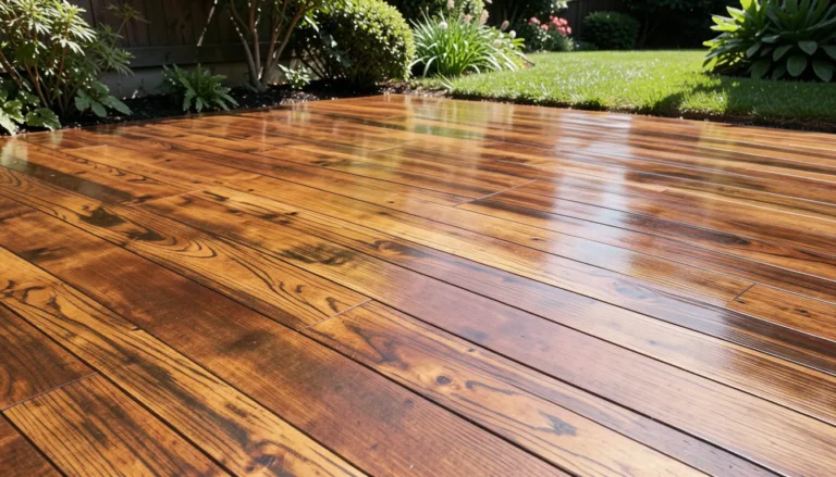 Concrete patio stained and stamped to look like wide wood planks