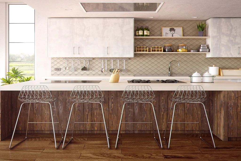 Compact kitchen island with rustic wood-toned cabinet paneling