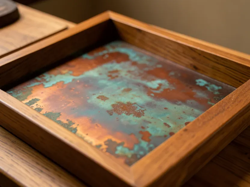 Wood tray with a copper sheet insert showing natural blue-green and brown patina oxidation