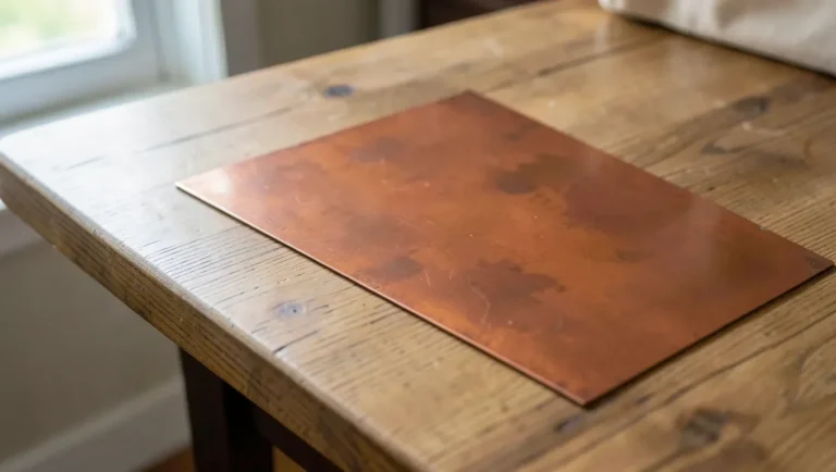 Copper sheet accent inlay on a wood tabletop showing natural reddish-orange copper against wood grain