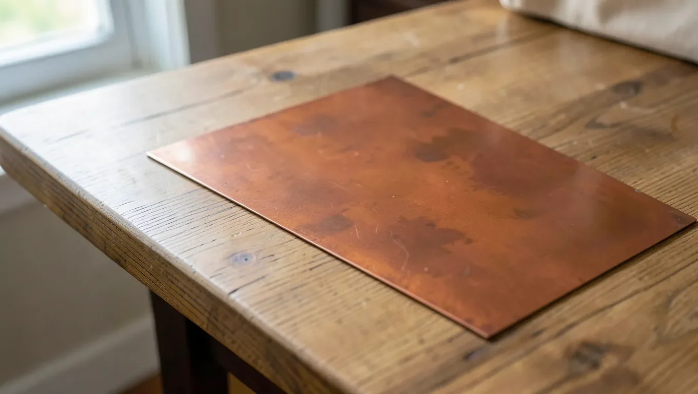 Copper sheet accent inlay on a wood tabletop showing natural reddish-orange copper against wood grain