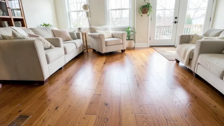Warm hardwood floor in a bright living room
