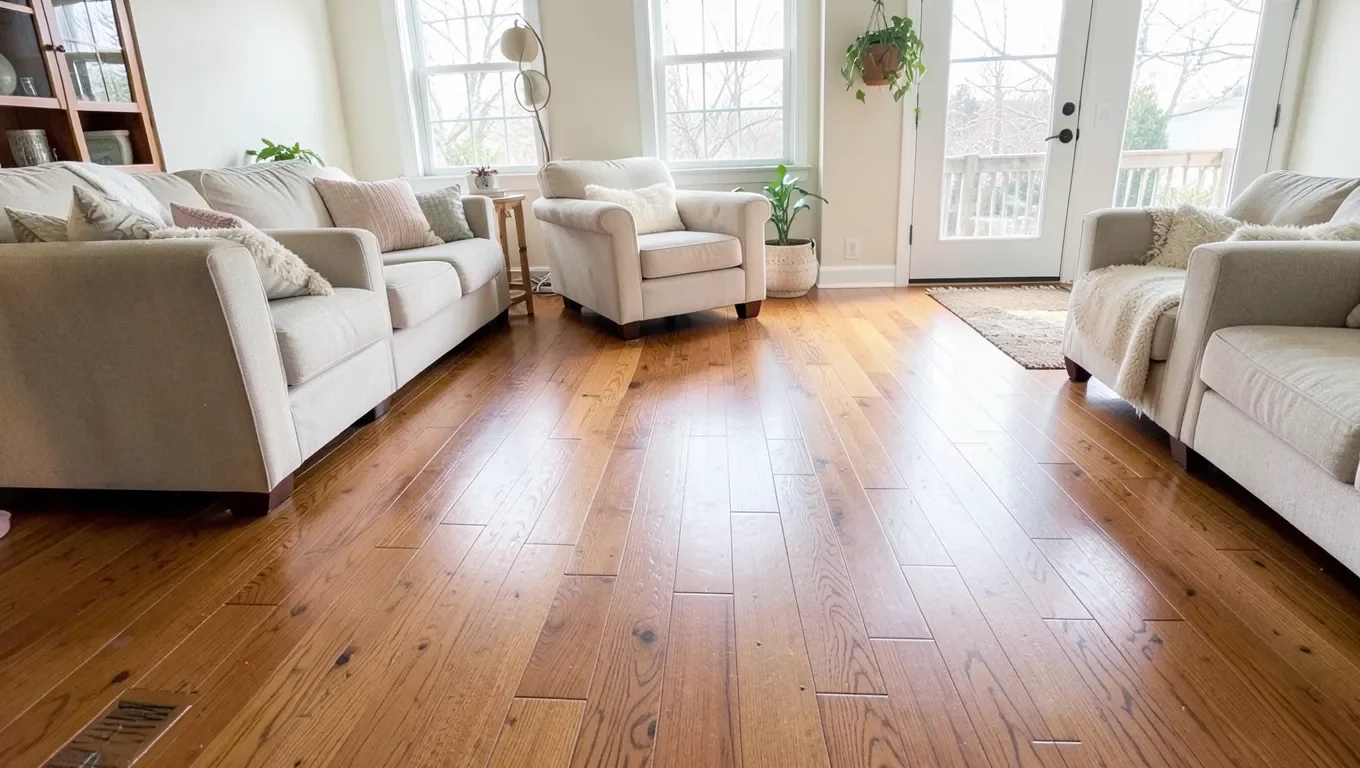 Warm hardwood floor in a bright living room