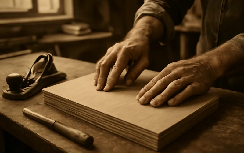 Craftsman's hands pressing cross-grain veneer sheets together on a workbench