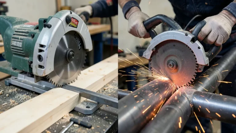 Side by side comparison of a miter saw cutting wood and a cut-off saw cutting metal