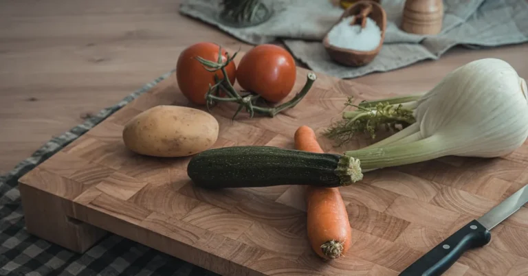 end-grain wood cutting board with fresh vegetables and a kitchen knife