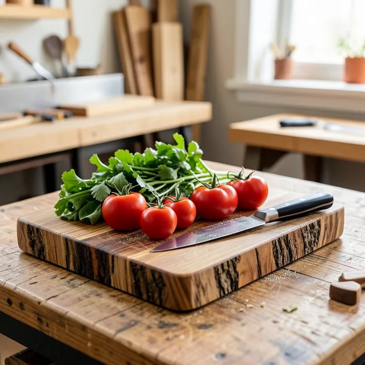 end-grain wood cutting board with fresh vegetables and a kitchen knife