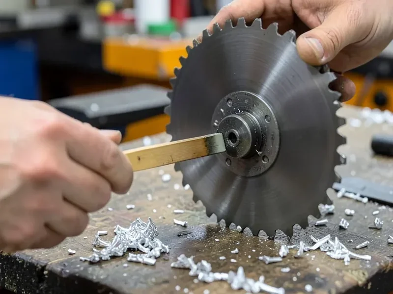 Applying a cutting wax lubricant stick to the teeth of a metal-cutting saw blade to reduce heat and gumming