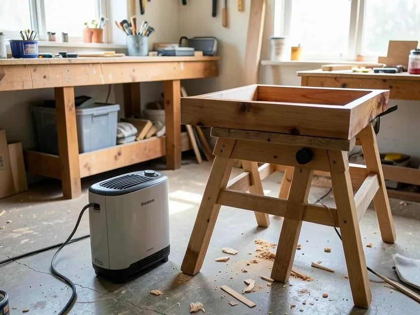 Small dehumidifier running in a woodworking shop next to a stained wood project