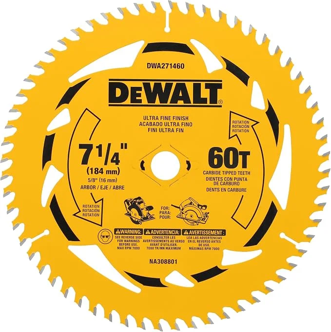 DEWALT 7-1/4 inch 60-tooth carbide-tipped circular saw blade for hardwood