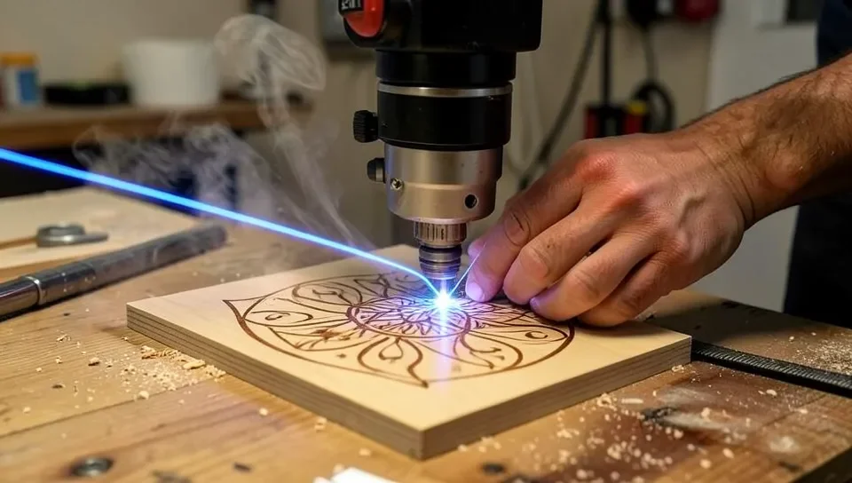 Diode laser engraver cutting a pattern into a wood panel