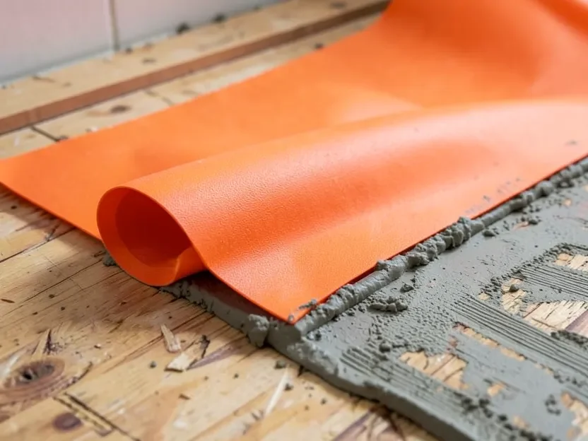 Orange waterproofing uncoupling membrane being bonded with thinset mortar over a plywood subfloor