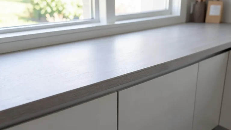 Newly installed light gray laminate kitchen countertop with trimmed edge