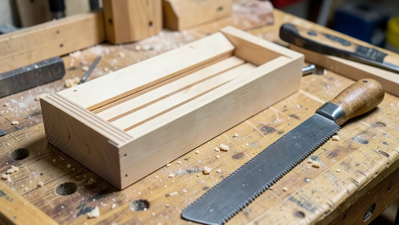 A homemade wooden miter box with angled guide slots on a workbench