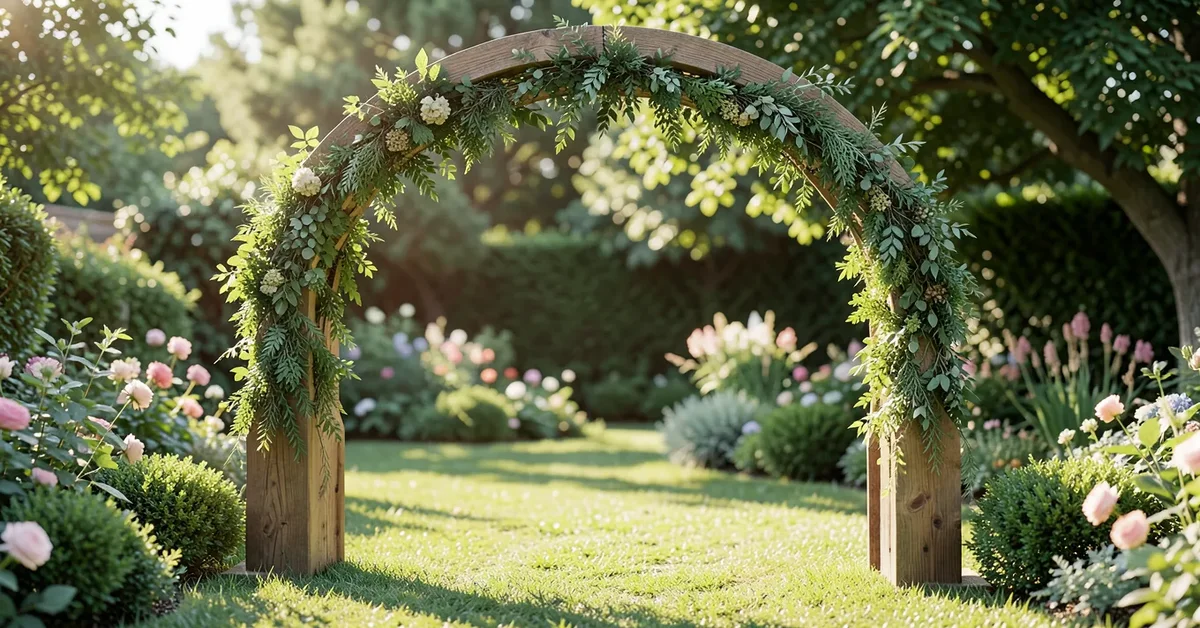 Wooden arch backdrop with a curved top decorated with greenery