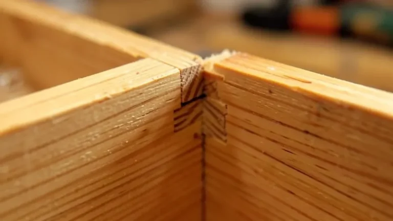 Close-up of a hand-cut dovetail joint in a wooden drawer corner