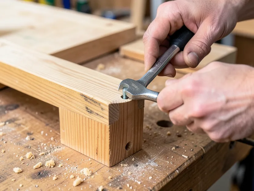 Wrench driving a hanger bolt into a pre-drilled pilot hole in a wood table leg