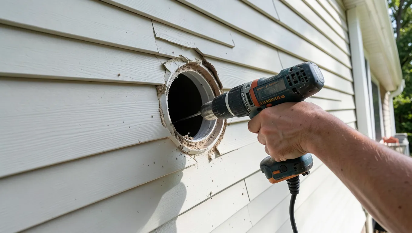 A drill and hole saw cutting a dryer vent hole through exterior siding
