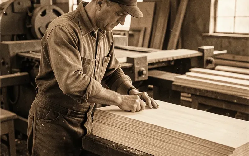 Vintage-style photo illustrating an early 1900s mill worker stacking wood veneer sheets Vintage-style photo illustrating an early 1900s mill worker stacking wood veneer sheets