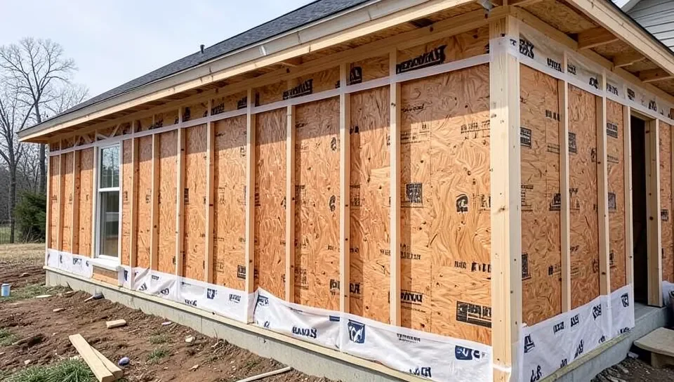 Plywood wall sheathing with house wrap being applied over it