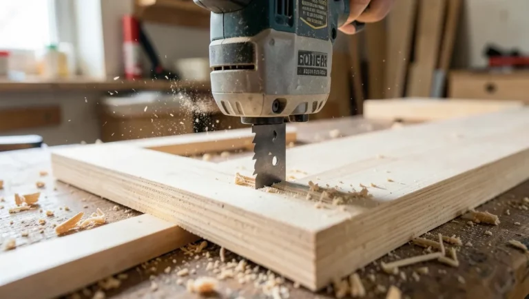 Cordless jigsaw cutting through plywood on a workshop bench