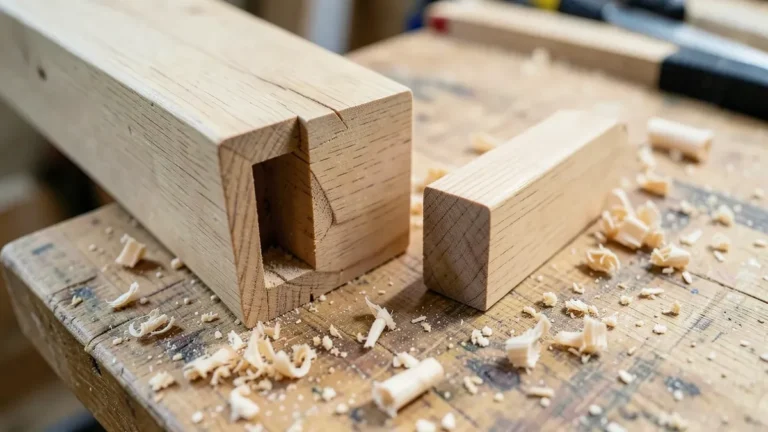 Loose tenon and mortise joint parts on a workbench, the joinery style the Festool Domino system cuts