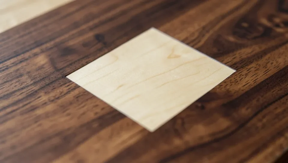 Finished diamond-shaped maple wood inlay glued flush and sanded smooth into a walnut board