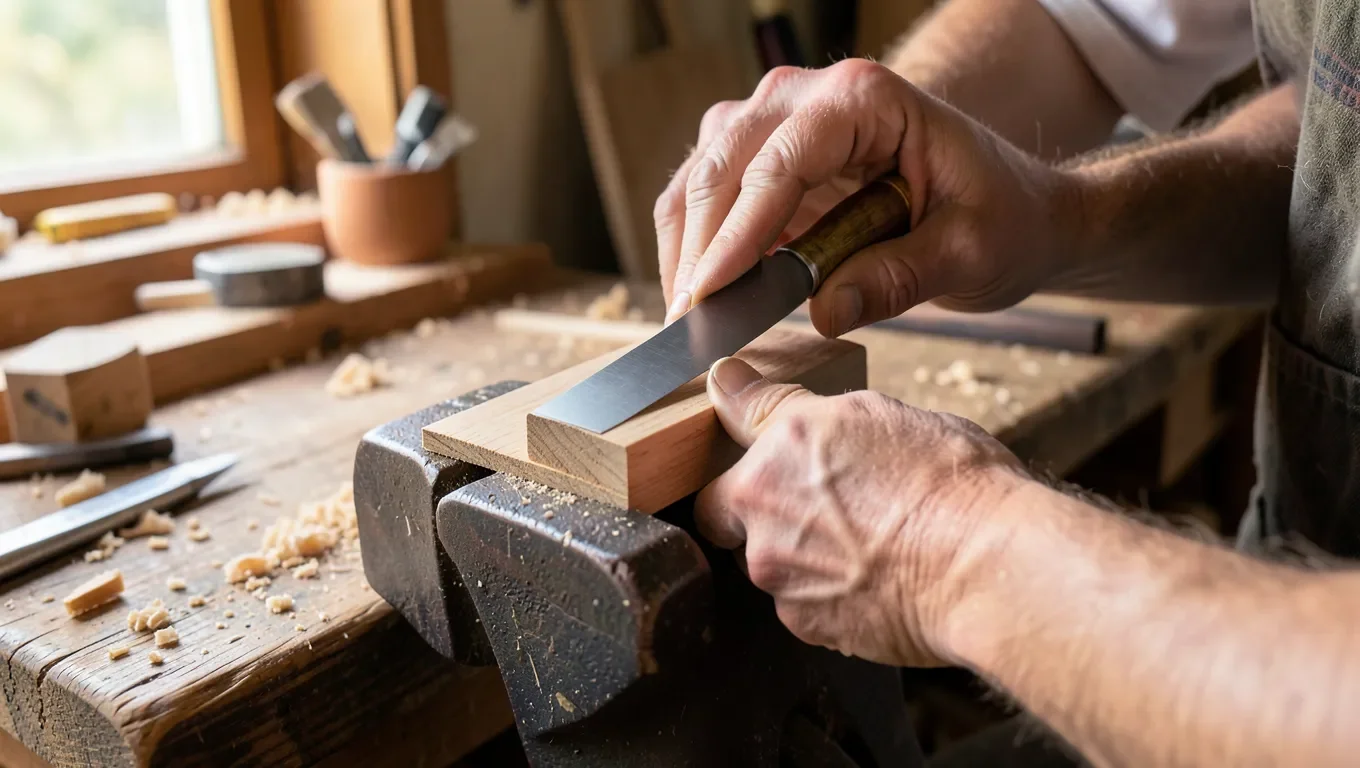 Woodworker using a flat file to dress the edge of a card scraper in a bench vise
