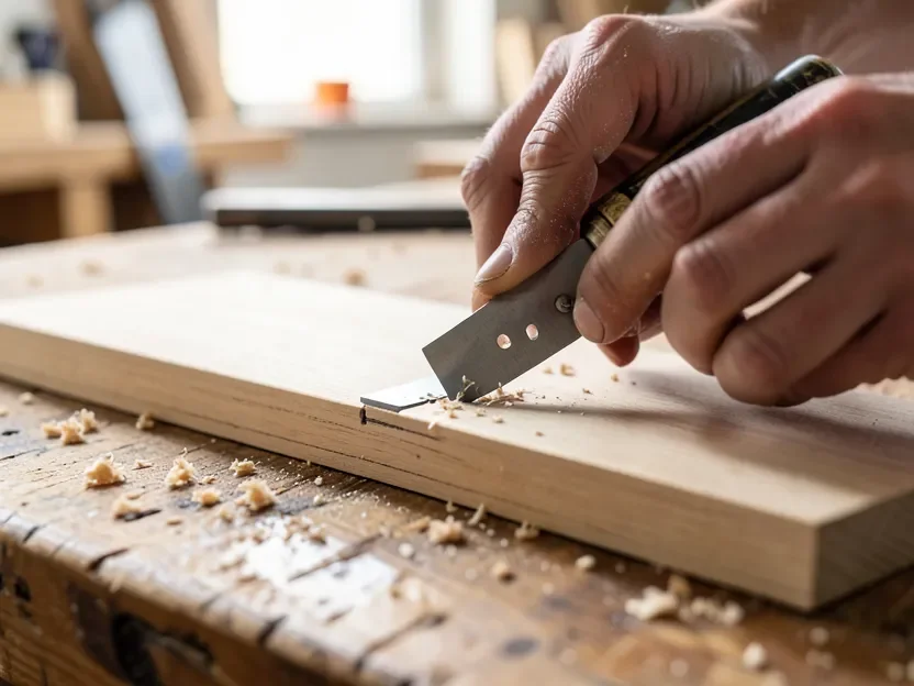Close-up of a flat file being drawn along a card scraper edge to square it