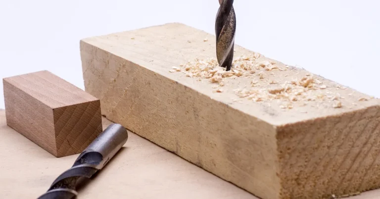 twist bit boring a clean hole through a wood block with a forstner bit beside it