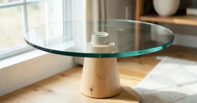 round glass table top resting on a wood pedestal base with clear bumper pads at the contact point