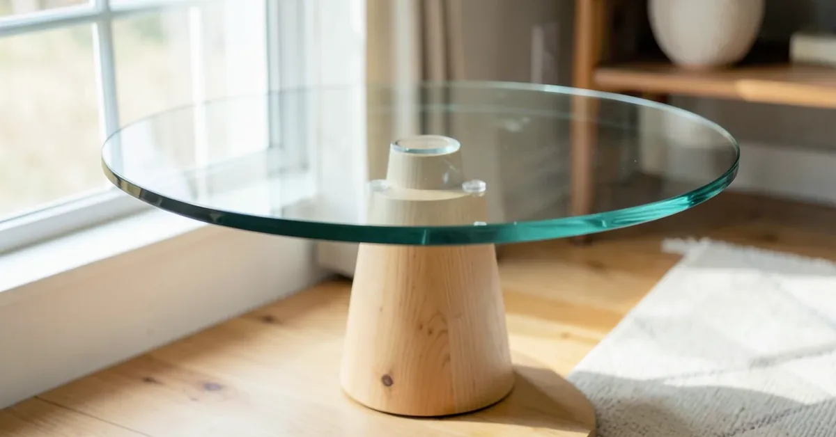 round glass table top resting on a wood pedestal base with clear bumper pads at the contact point
