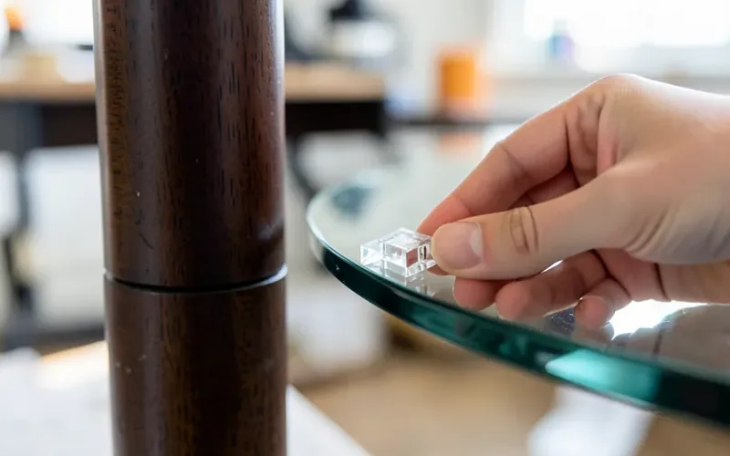 hand placing a clear glass table top adapter clip onto the edge of a glass tabletop next to a wood table leg hand placing a clear glass table top adapter clip onto the edge of a glass tabletop next to a wood table leg